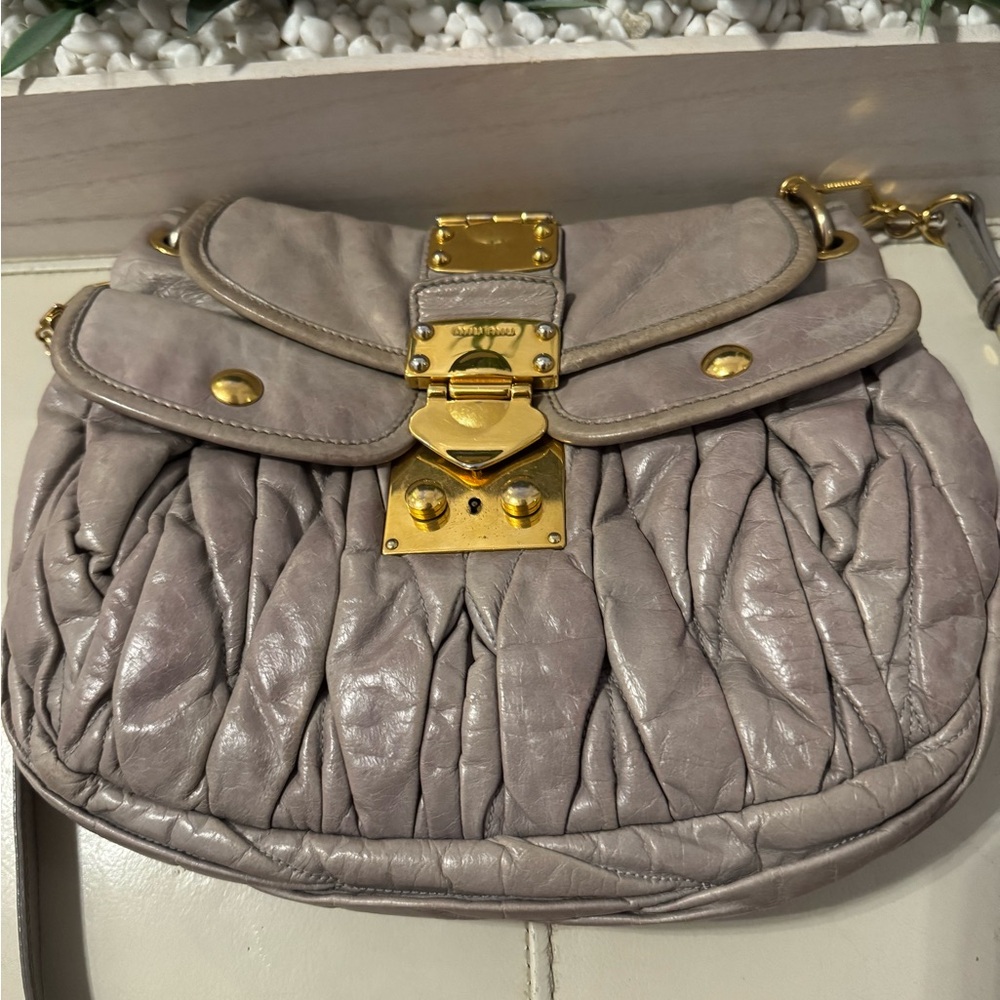 Miu Miu Gray Leather Handbag with Gold Accents - Picture 6 of 14